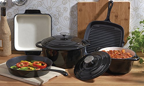 Cooks Professional Deluxe Cast Iron Cookware Complete 5 Piece Cooking Set. (Black)