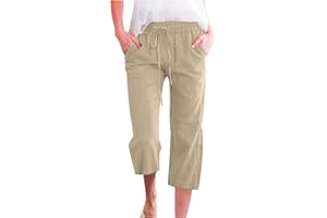 YOLIMOK Women Linen Cropped Trousers with Elasticated Waist Ladies Wide Leg Trousers with Pockets, Baggy Capri Pants Summer Solid Casual Work Trousers Beach Pants Loose Fit Track Lounge Pants