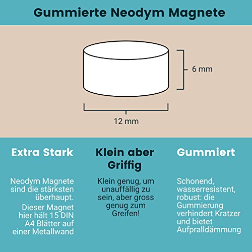 20 bunte Magnete – EXTRA STARK Neodym gummierte Schutzschicht (ø12x6mm) | einzigartig | starke neodym Magnete für Magnettafel, Whiteboard, Glasmagnettafel und als Kühlschrankmagnete - 5