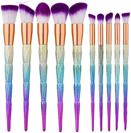 JIEFUXIN 10Pcs Unicorn Rainbow Diamond Handle Makeup Brushes Set Foundation Cream Powder Highlight Contour Cosmetic Beauty Brush Kit