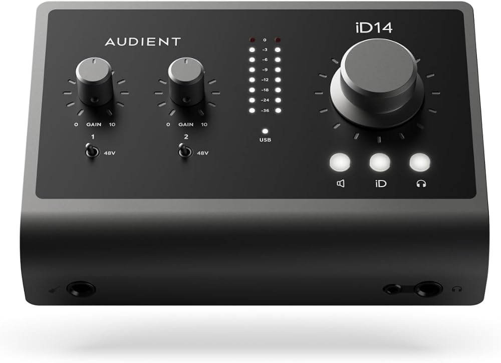 Audient iD14 MKII Ses Kartı, A sınıfı 2 kanal Preamp (yüksek performanslı USB ses arayüzü, USB-C bağlantısı, monitör karışımı ve monitör panning fonksiyonu, 2 kulaklık çıkışı), siyah