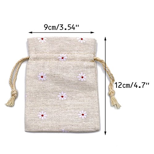 20 Stück Leinensäckchen 9x12cm Leinen Beutel Säckchen Baumwollbeutel mit praktischen Zugband Perfekt für,Lavendelblüten , Schmuck Geschenke (Weiß Blume) - 2