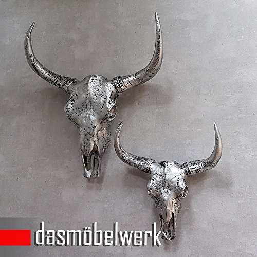 dasmöbelwerk XXL Deko Schädel 65 cm Antik Silber Stierkopf Skulptur Stier Bullenschädel Wandskulptur Hörner Bulle Stierschädel - 4
