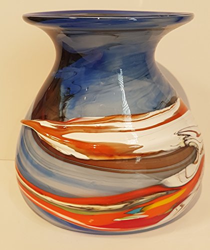 Vase ovale Form, bauchige farbige moderne Glasvase bunte dekorative Blumenvase mit Dekor aus farbigem Glas, mehrfarbig blau-beige marmoriert Tischdekoration mundgeblasen Höhe ca. 19-21 cm Oberstdorfer Glashütte