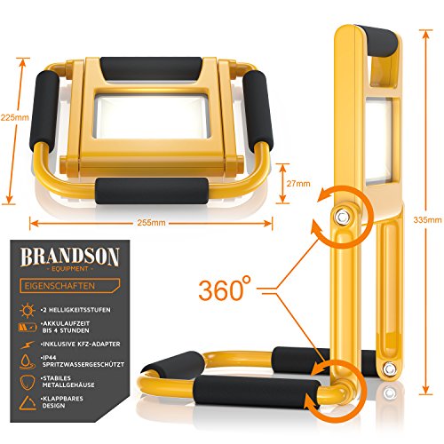 Brandson – LED Baustrahler mit AKKU im Slim-Design | einklappbare Arbeitsleuchte / Arbeitsscheinwerfer | LED Fluter | inkl. Standgestell und Tragegriff | 2 Dimmstufen (50% + 100%) | Lade-Indikator (rot/grün) | zusammenklappbar | 600 Lumen | Innen- und Außenbereich / IP44 (spritzwassergeschützt) | Energieklasse A+ - 3