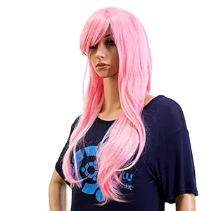 swacc 26-inch long curly wave cosplay synthetic wig colored hair piece for women with wig cap (pink)