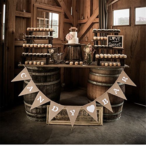 Jute Banner, Vintage Candy Bar aus Sackleinen Wimpelkette Banner mit 9 Flaggen, Photo Booth Requisiten Hochzeit Geburtstag Kids Party Dekoration - 4