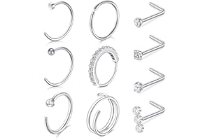 NIUSIMAN Anillo Piercing Nariz aro Oro plata 20G L Anillo piercing nariz acero quirurgico Delgado Pequeño Anillo Nariz Doble Aro Bola Cristal Plana Anillos Piercing Nariz Acero Quirúrgico