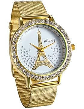 JewelryWe Herren Damen Armbanduhr, Elegant Analog Quarz Uhr mit Strass Eiffelturm Zifferblatt und Edelstahl Mesh...