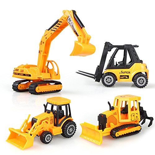 AEVEA 4 Pack Construction Vehicles Metal and Plastic, Building Trucks Engineering Toy Car Excavator,Farming Car,Bulldozer,Forktruck for kids age 3+