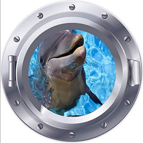 PANDABOOM 3D Oblò Adesivo da Parete Finestra Delfino Sorriso Decalcomania Mare PVC Autoadesivo Impermeabile Decalcomanie Murale per Soggiorno Decorazione della Casa 45X45Cm