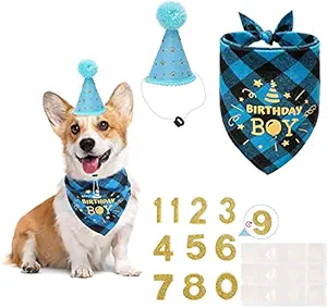 Mihachi Dog Birthday Party Set, Dog Birthday Bandana Triangle Scarf and Hat Set with Cute Number for Dog Birthday Party Supplies