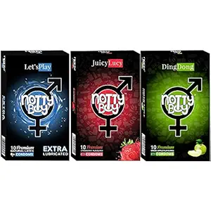 NOTTY BOY Extra Lubricated, Plain Without Dotted, Strawberry and Apple Flavoured Condoms - (3x10s)
