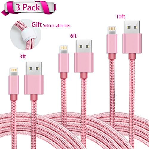EOKIKUIF iPhone Lightning Cable, 3 Packs 1M/2M/3M Phone USB Charger Cord Charging Data Cable Wear resistant Nylon Braided Cord for iPhone 7/7 Plus/6/6 Plus/6s/5/5S/5C/SE, iPad 4, iPod, iPad Air Mini (Pink)