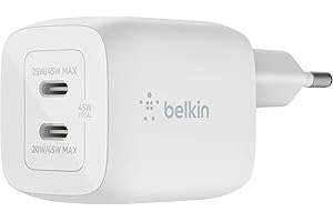 Belkin chargeur secteur double port USB-C 45 W, chargeur rapide Power Delivery 3.0 avec technologie GaN pour iPhone 17, Air, 16, 15, Plus, Pro, Pro Max, iPad, MacBook, Galaxy S25, S24 et autres