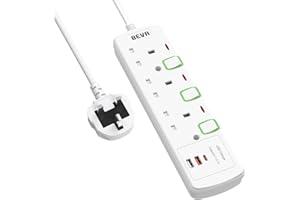 Extension Lead with USB Slots, BEVA 3 Way Plug Extension With 2 USB-A and 1 USB-C, Individual Switched Extension Socket Mountable Power Strip with 1.5M Cable