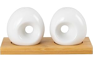 Galicja RONNIE Salero y pimentero, salero de cerámica, pimentero y salero, juego con soporte de bambú, salero y pimentero de cerámica, color blanco, 7 x 15 x 7,5 cm