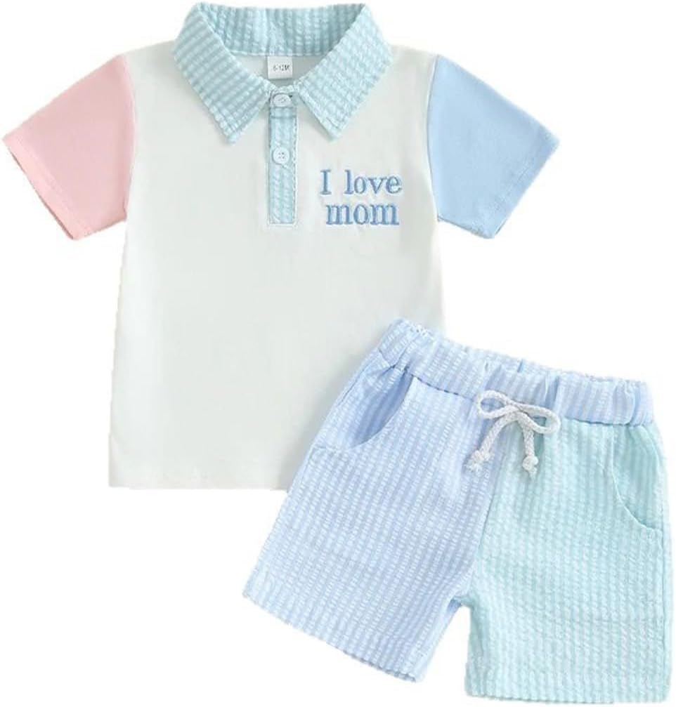 JENJON Conjunto Ropa para Niños Pequeños Manga Corta con Cuello Vuelto Camiseta Polo Lisa/Estampada y Pantalones Cortos 2 Piezas Chándal Traje para Verano