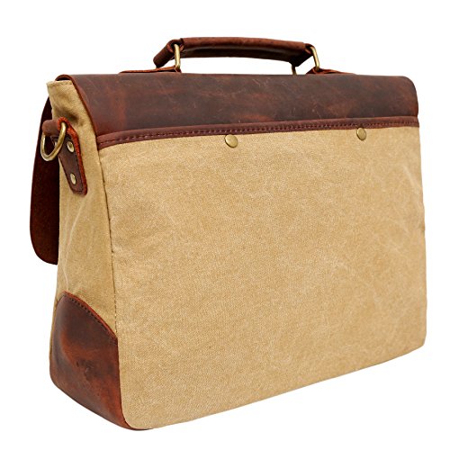 bupell Umhängetasche für Laptop und Akten aus echtem Büffel-Leder und Canvas – Für Notebooks bis 14″ – Unisex Vintage Messenger Bag, Aktentasche, Schultertasche, Notebooktasche – - 3