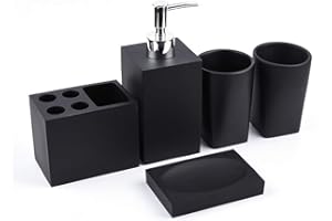 KISS ME 5 Piece Bathroom Accessories, Premium Resin Creative Bathroom Accessories Set Complete Hotel Quality Gift Set Luxury Bath Accessory with Toothbrush Cup/Soap Dispenser/Soap Dish (Matte black)