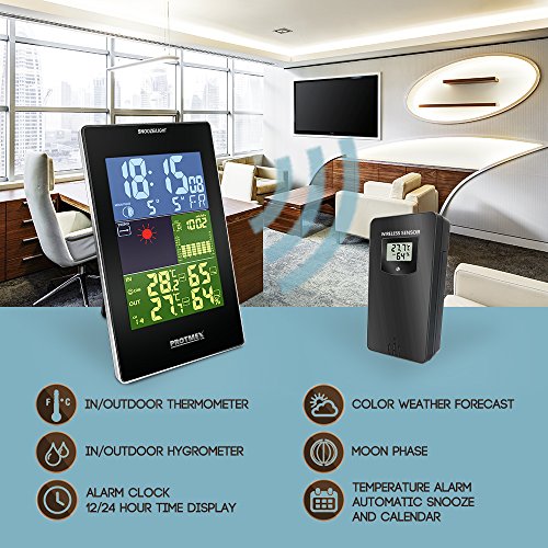 Protmex EM3352C Multifunktion Kabellos Wetterstation Uhr Vorhersage Station Digitales Thermometer Mit Innenraum Draussen Temperatur Feuchtigkeit Sensor Bunt LCD Bildschirm Mit Barometer Snooze Mond Phase DCF-Funk-Zeitanzeige - 6
