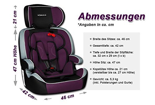 XOMAX XM-K1 PURPLE Autokindersitz + Gruppe I / II / III (9 – 36 kg) + ECE R44/04 geprüft + Lila, Schwarz, Grau + 5-Punkte-Sicherheitsgurt + mitwachsend + Kopfstütze verstellbar + Rückenlehne abnehmbar / Bezüge abnehmbar & waschbar - 9
