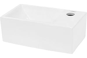 ECD Germany Lavabo en Céramique Blanc 350x205x125 mm, Rectangulaire, sans Kit de Vidange, Trou de Robinet à Droite, Vasque à Poser Suspendu, Mini Lave-Mains de Toilette Salle de Bain