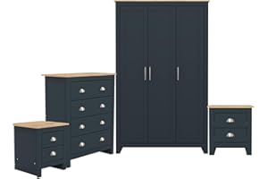 GFW Lancaster 4 Piece Bedroom Set Slate Blue Bedside Cabinet Chest Of Drawers Wardrobe