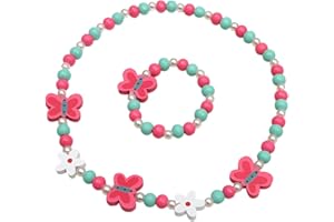LuLiyLdJ Bijoux Enfant Fille - Set Princesse Papillon en Bois Coloré avec Collier et Bracelet de Perles - 2 Pièces