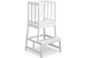 COSYLAND Standing Step Stool for Kids – Stable Bamboo Stool for Kitchen Use, Bathroom or Playroom (Cream)