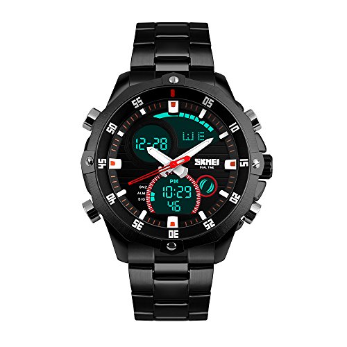 TTLIFE Wasserdicht Edelstahl-Armbanduhr Herren, Analog, Digitalanzeige, LED Displaybeleuchtung, Chronograph Quarz Herrenuhren 30m Wasser resistent