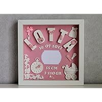 Personalisiertes 3D Bilderrahmen - Baby Geburtstafel, Geburtsdaten, Geburtsbild,Geburtsanzeige, Namensschild - Mädchen, Taufe, Geschenk