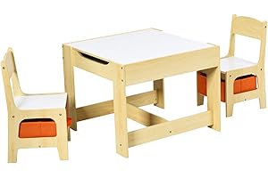 COSTWAY Kids Table Chair Set, Double Side Tabletop Table and 2Pcs Chairs with Storage Box, Activity Desk Nursery Wooden Multifunction Furniture (Natrual)