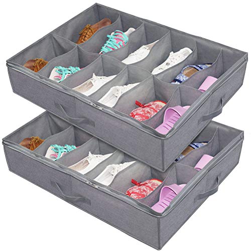 homyfort Juego de 2 Organizador de Zapatos Debajo de la Cama - Titular de la Zapata Bolsas organizadoras de Zapatos con Tapa Transparente 12 Pares x 2 Caja Plegable de Almacenaje, Gris Lino, XDUBSB2P