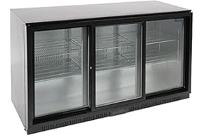 Polar Refrigeration G-Series 350W Back Bar Cooler Display Fridge 320 Litre, 3 Sliding Doors, Black, 2°C to 8°C, 850(H)x1350(W)x520(D)mm, 6 Shelves, Capacity 180x 330ml Bottles, Energy Rating E | GL013