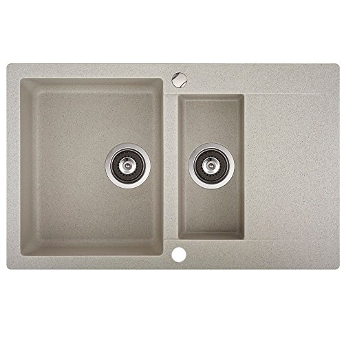 Spüle Granitspüle Küchenspüle Einbauspüle Auflage Doppelspüle Spülbecken 800 x 495 mm + Drehexcenter + Siphon (Beige)