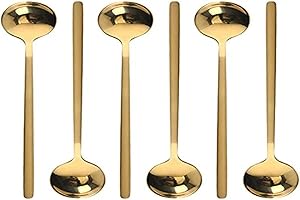 JULIYEH 6 cucharas de café de acero inoxidable, cucharas de té redondas de postre con mango largo para chocolate caliente, té helado, postre con leche, café expreso dorado