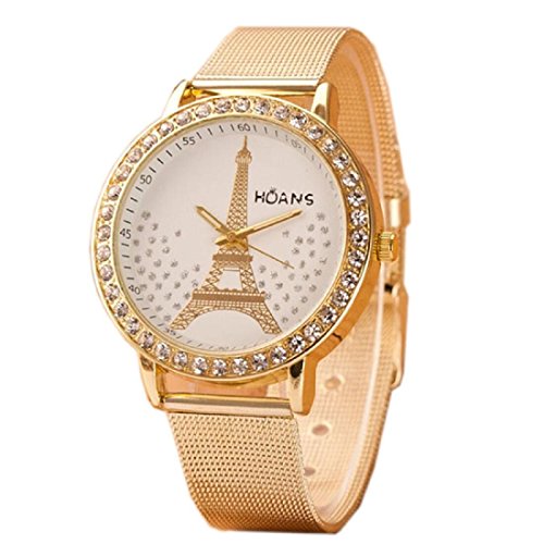 Tongshi De malla de acero Ladies Torre de Cristal de Oro inoxidable banda reloj de pulsera