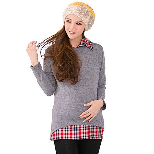 ANNO Maternity Plus Size False 2 Lapel Collar Long Sleeve Check Pregnant Shirt US XL(Asian XL) Grey
