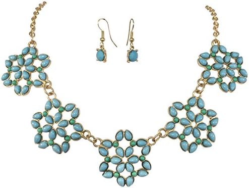 5 Open Flower Dot Bib Bubble Gold Tone Statement Necklace Earrings Set