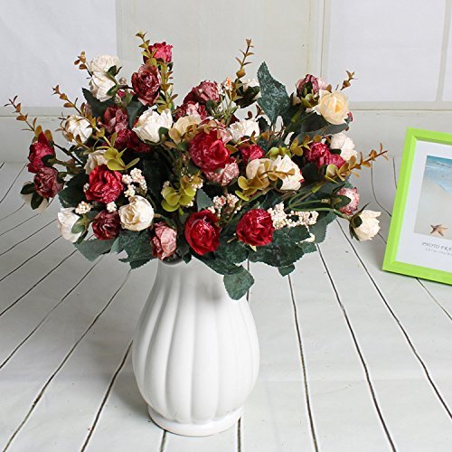 Künstliche Seiden-Blumen mit Stielen und Blättern, Rosen, Hochzeits-Dekoration, Sträuße, 2 Stück Red Coffee