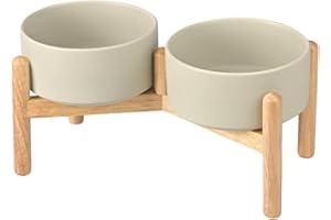 SPUNKYJUNKY Hundenapf Keramik Fressnapf Erhöhter Futternapf Wassernapf mit Bambus Ständer für mittelgroße und große Hunde (850ml, Grau)