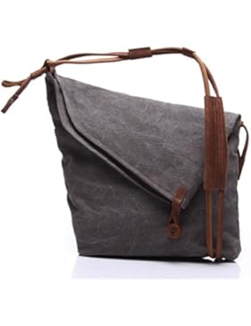 ERGEOB® Damen Herren Leinwand Schultertasche Umhängetasche Pferdeleder Segeltuchtasche