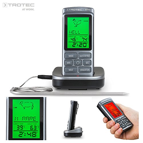 TROTEC BT40 Ofenthermometer kabelloses Grillthermometer Fleischthermometer Barbecue Digital BBQ Thermometer Funk Bratenthermometer bis 250 °C / 8 Fleischsorten einstellbar