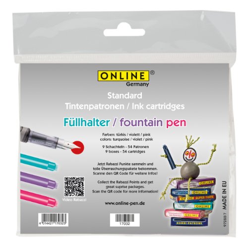 Online 17032 – Füllhalter Tintenpatronen, 3 x türkis/pink/violett - 3