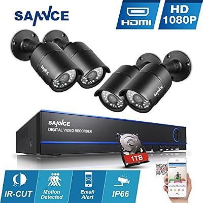 Sannce 4CH 1080P(1920x1080) AHD Kit de Vidéo Surveillance avec 2.0MP Caméra Système Surveillance AHD Jour/Nuit Haue Résolution Accès a Distance Avec Surveillance Disque Dur de 1TB