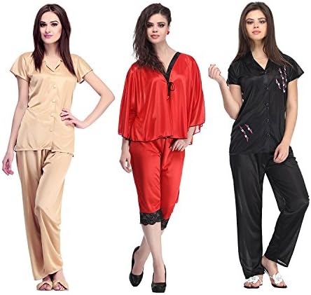 Miss Pixy Women's Solid Full Length Top, Pyjama &amp; Capri Set Of 3 Poly Satin Nightsuits Night Wear Dress