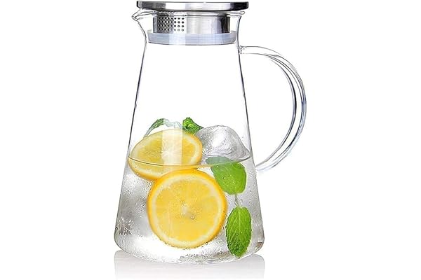 Femora Classic Elite Borosilicate Water Jug 1.8 Litre, Stainless Steel Air Tight Lid,Iced Tea Pitcher, Water Jug, Hot Cold Water, Milk and Juice Beverage Carafes