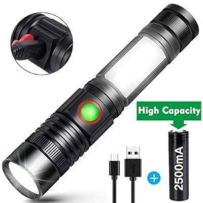 REHKITTZ Torche Lampe de Poche LED USB Rechargeable Puissante Militaire Lampe COB Portable Zoomable Torche pour Auto Garage Atelier Camping Bricolage (18650 Pile Rechargeable incluse & Magnétique au Bas)