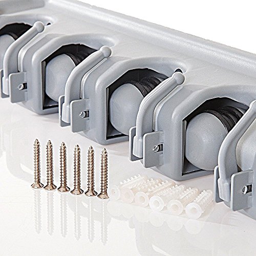 Newdora Besen Mop Halter, Gerätehalter Wandhalterung, Ordnungsleiste Wandhalter mit 5 Haken und 6 Schnellspannern für Mopp ,Besen und Gartenwerkzeug usw - 5